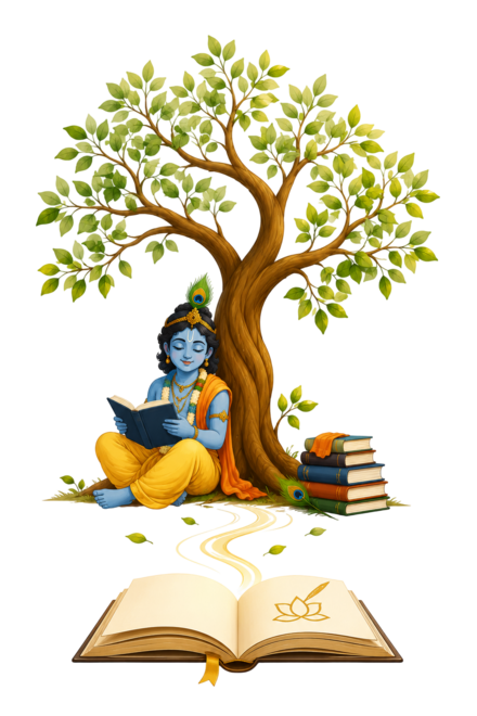 Krishna reading beneath a tree, illustrating a path of learning